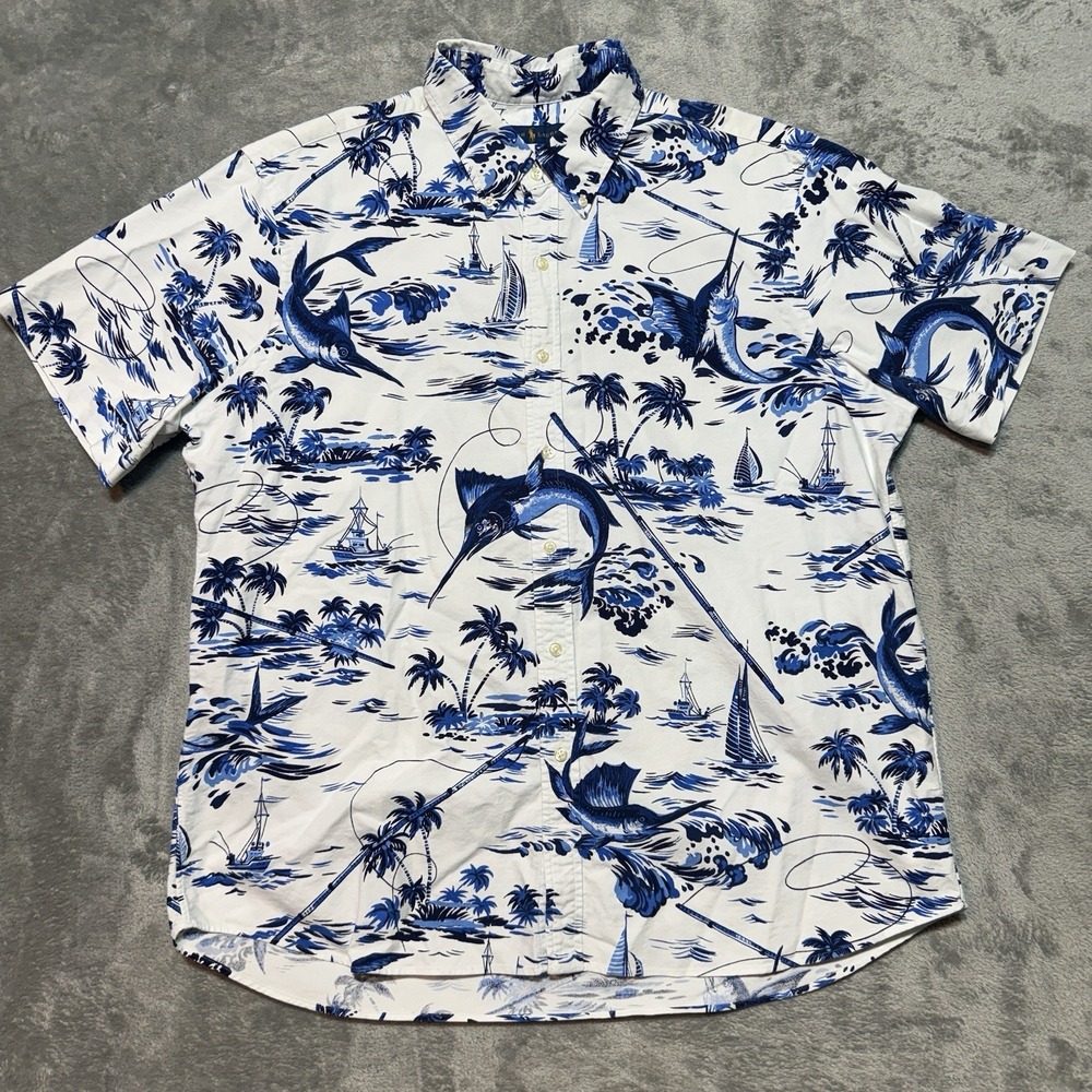 Ralph Lauren Shirt Mens XL White Blue Hawaiian Marlin Print Fish Tropical